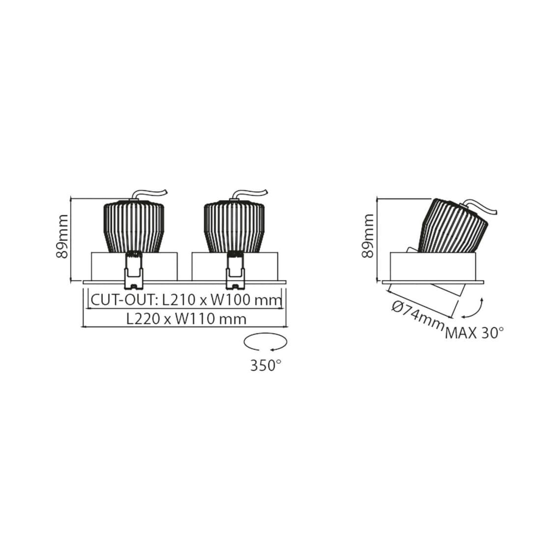 Technical drawing of the Doppio, an adjustable led downlight, illustrating detailed dimensions and design specifications.