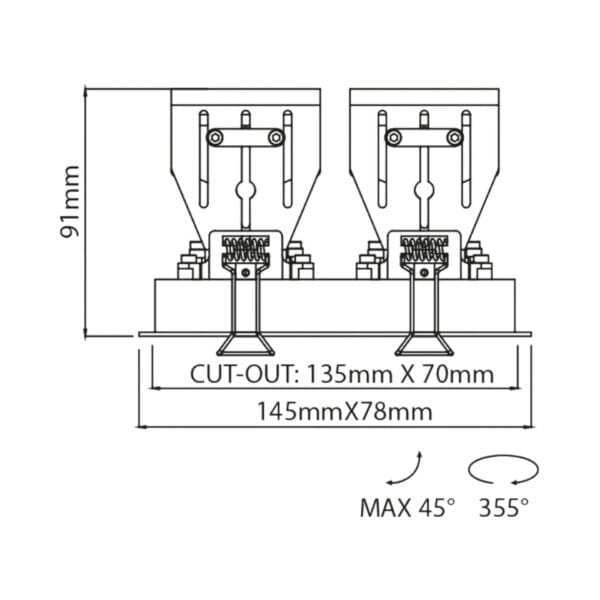 Technical drawing of the Gemello, a double adjustable led downlight, illustrating detailed dimensions and design specifications.