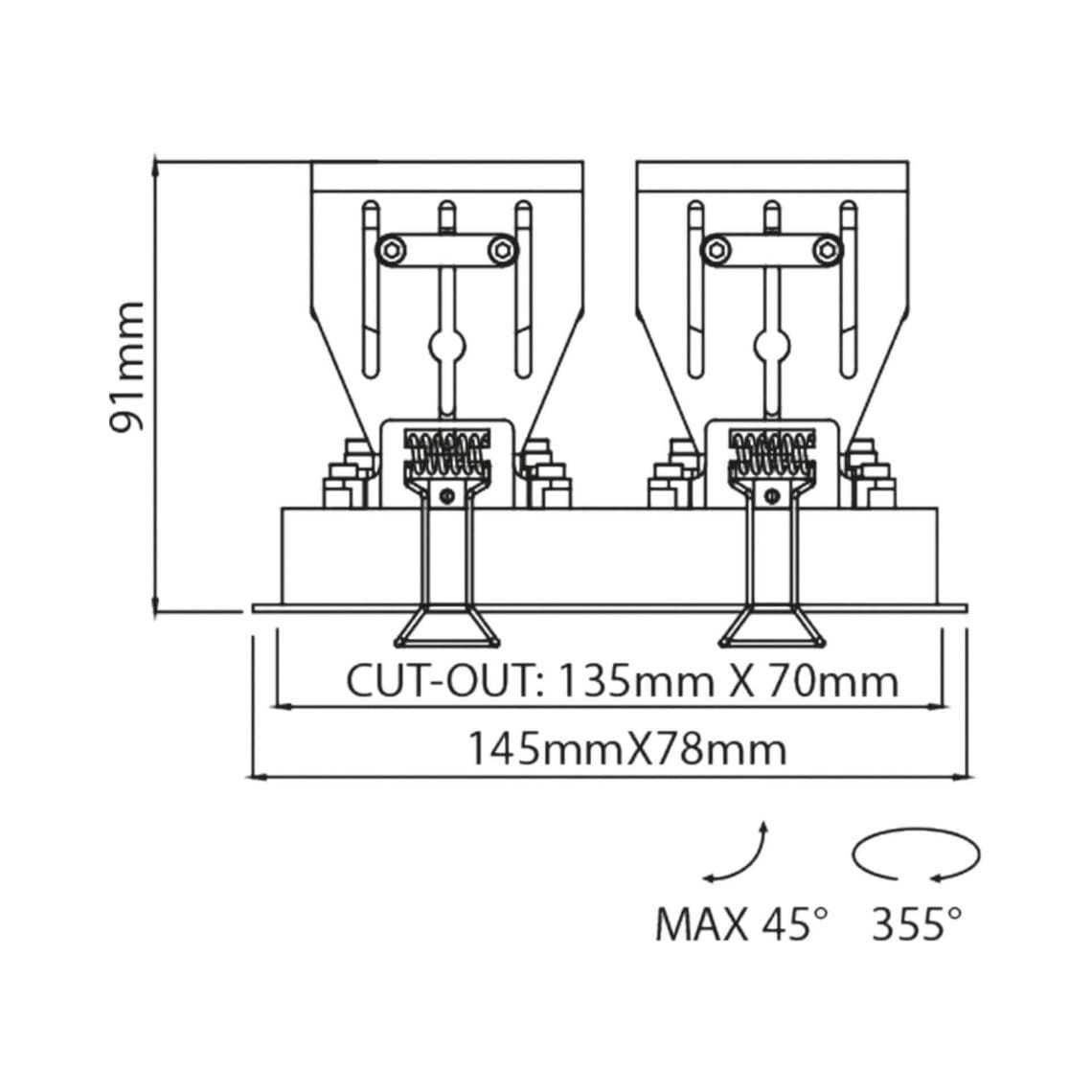 Technical drawing of the Gemello, a double adjustable led downlight, illustrating detailed dimensions and design specifications.