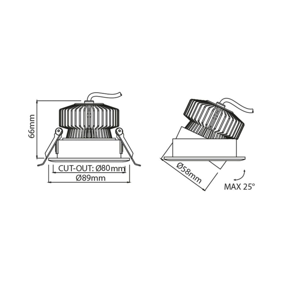Technical drawing of the Minimo, an adjustable led downlight, illustrating detailed dimensions and design specifications.