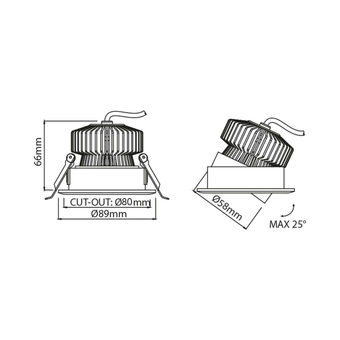Technical drawing of the Minimo, an adjustable led downlight, illustrating detailed dimensions and design specifications.