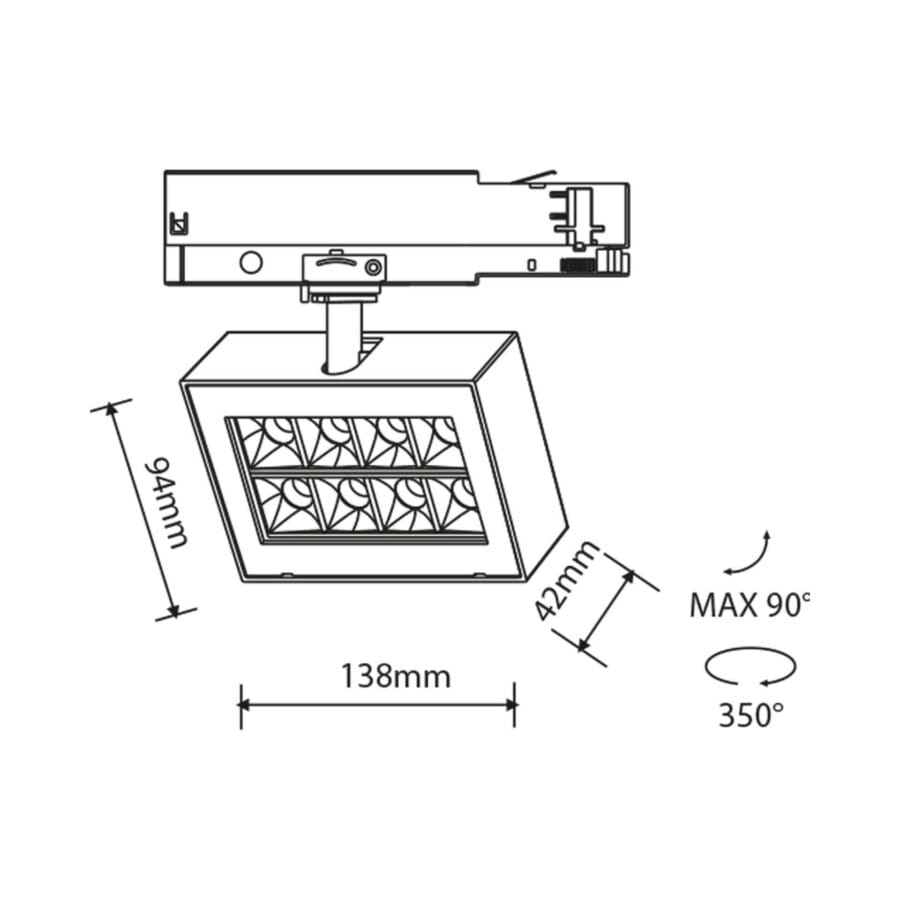 Technical drawing of the Piatto L, a 220V track luminaire, illustrating detailed dimensions and design specifications.