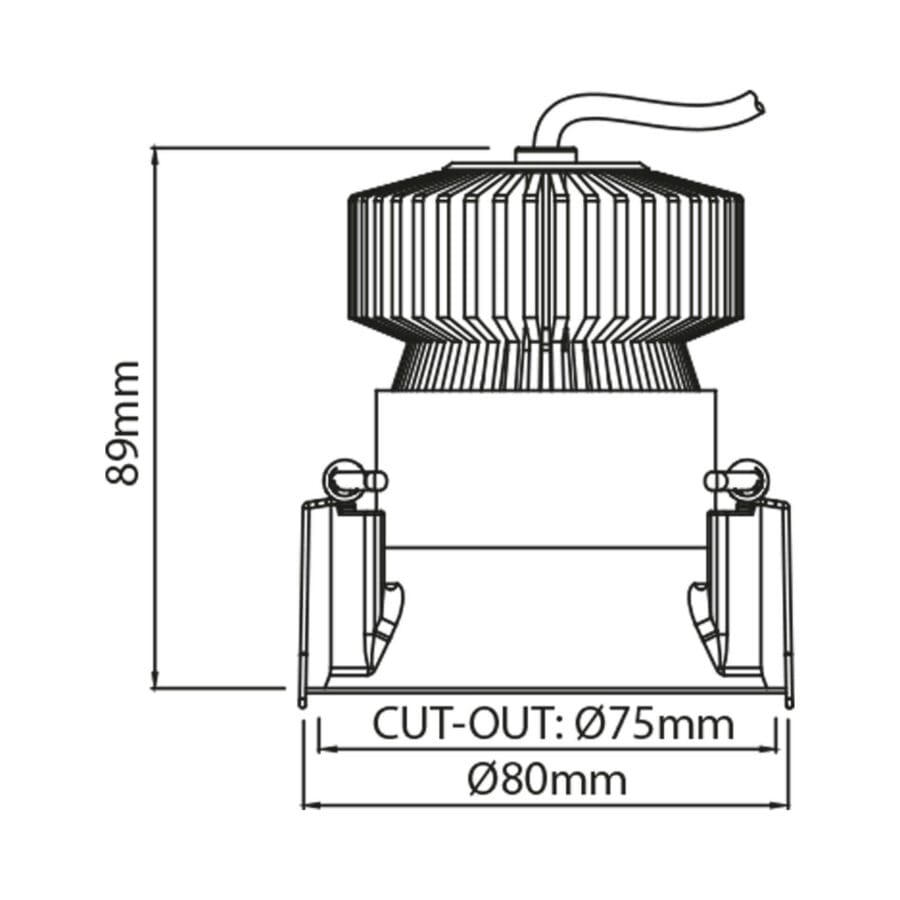 Technical drawing of the Profondo Basso, a fixed recessed luminaire, illustrating detailed dimensions and design specifications.
