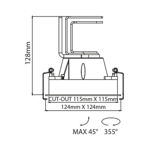 Technical drawing of the Solo Grande, a square adjustable led downlight, illustrating detailed dimensions and design specifications.
