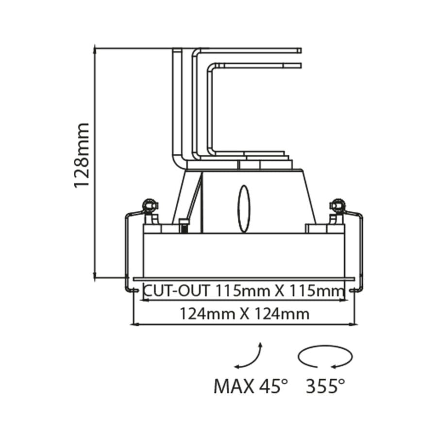Technical drawing of the Solo Grande, a square adjustable led downlight, illustrating detailed dimensions and design specifications.