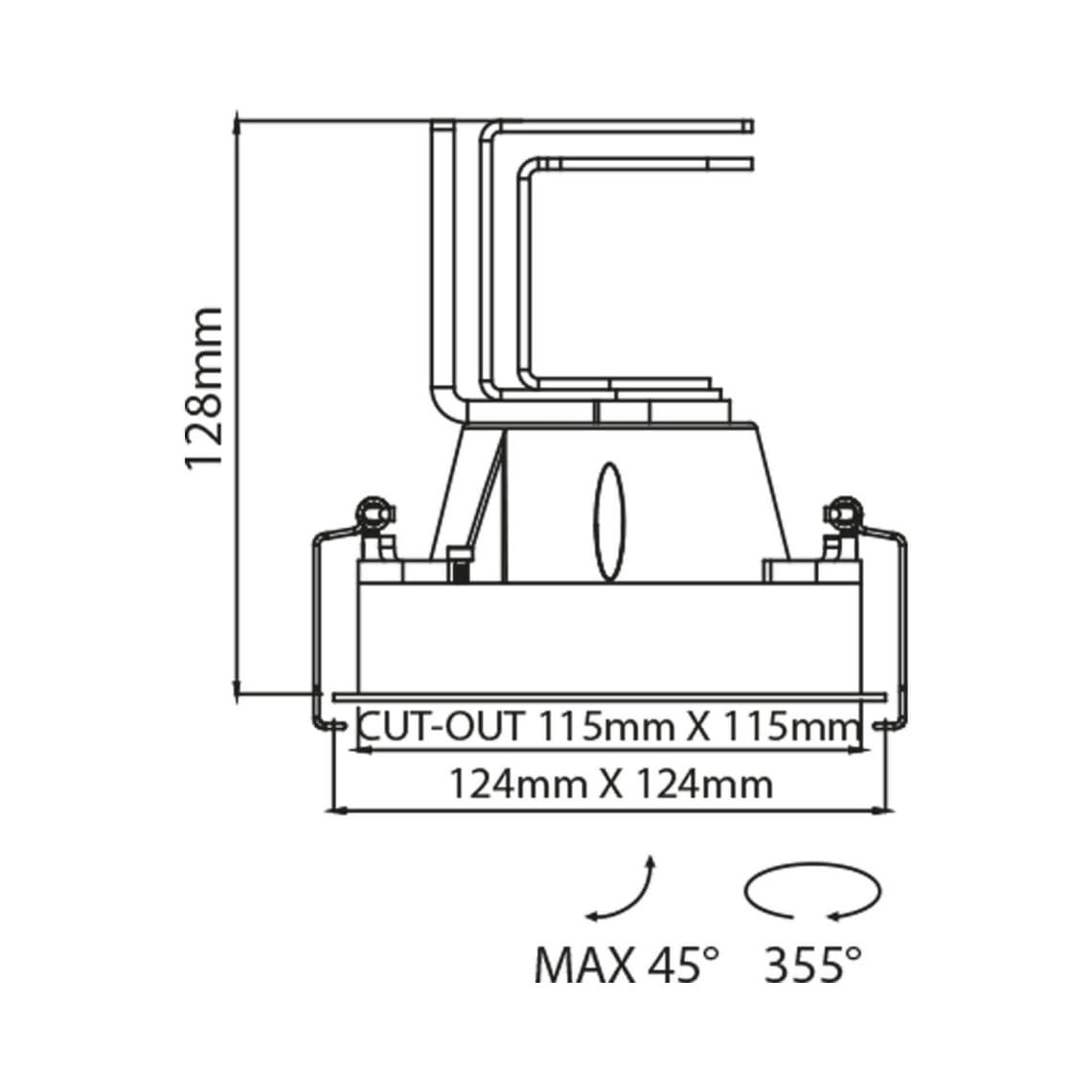 DRAWING-Solo Grande BEW Technical drawing of the Solo Grande, a square adjustable led downlight, illustrating detailed dimensions and design specifications.