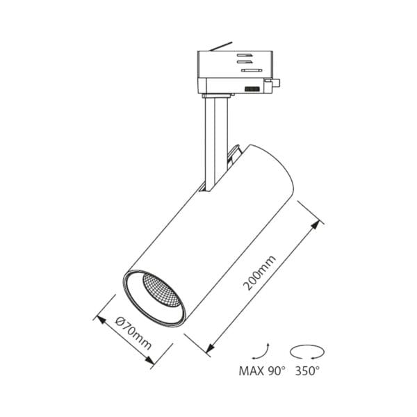 Technical drawing of the Tesoro, a 220V track luminaire, illustrating detailed dimensions and design specifications.