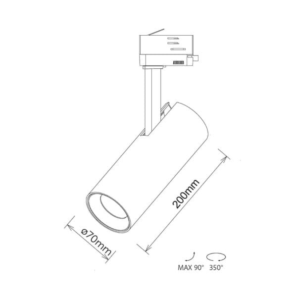 Technical drawing of the Tesoro Lente, a 220V track luminaire, illustrating detailed dimensions and design specifications.