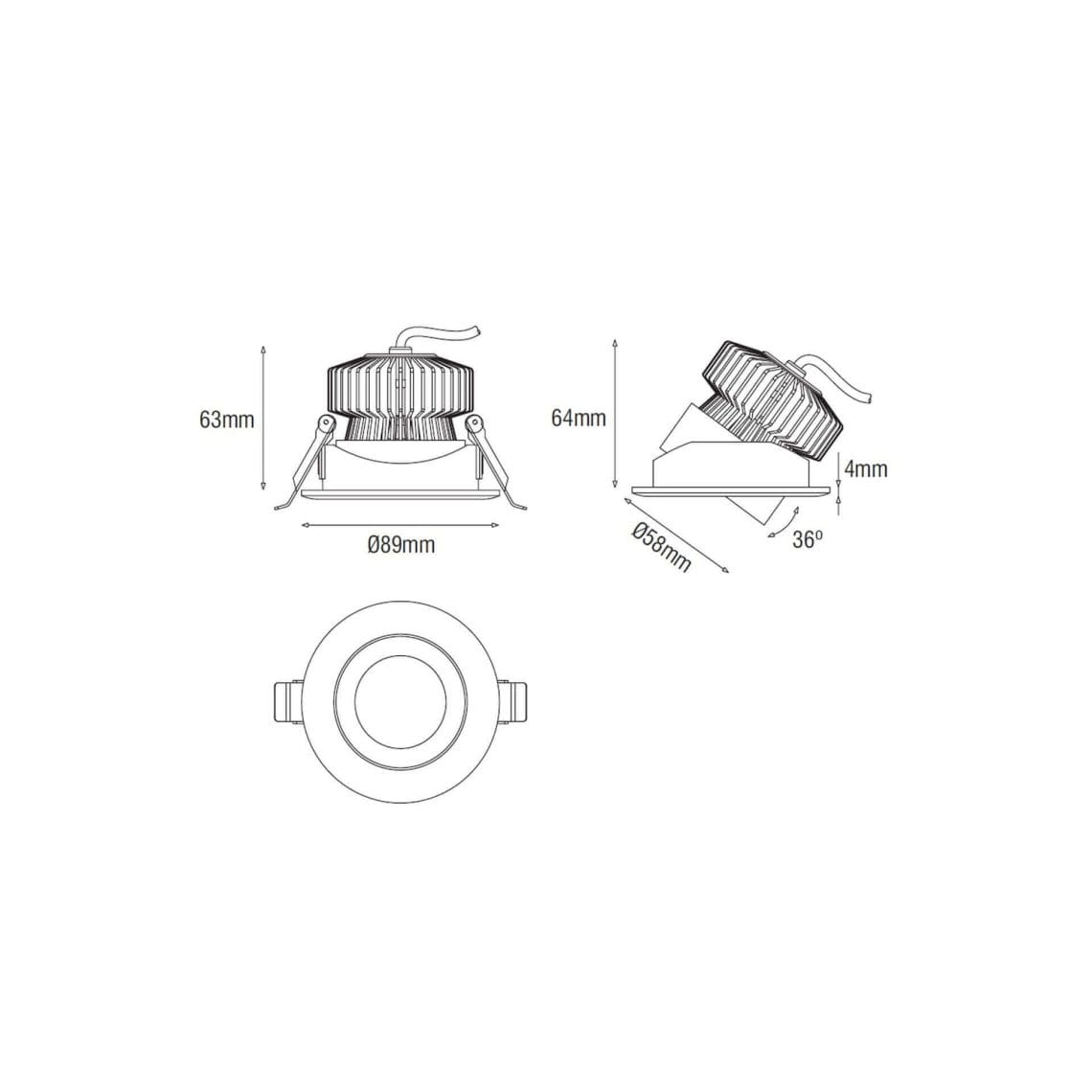 Technical drawing of the Minimo Lente, an adjustable led downlight, illustrating detailed dimensions and design specifications.