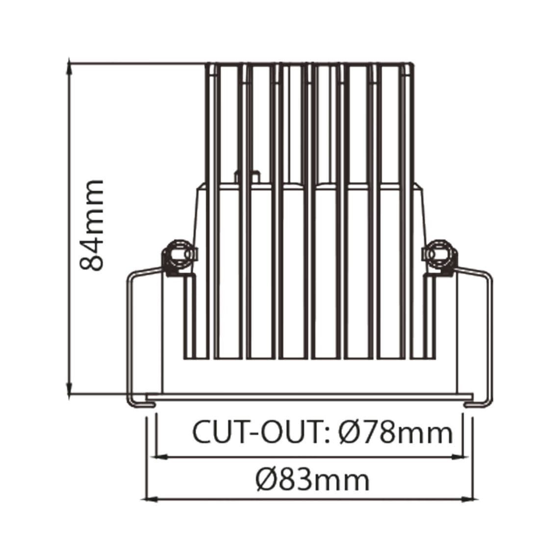 Technical drawing of the Dea Amata M, a fixed recessed luminaire, illustrating detailed dimensions and design specifications.