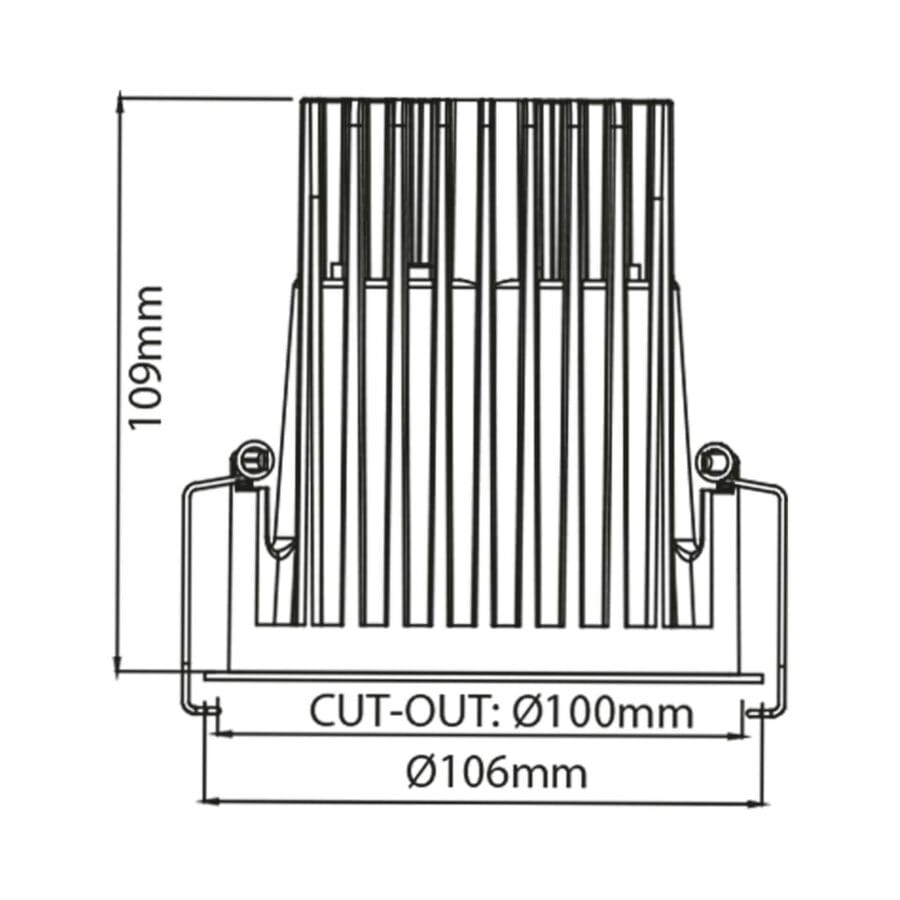 Technical drawing of the Dea Amata XM, a fixed recessed luminaire, illustrating detailed dimensions and design specifications.