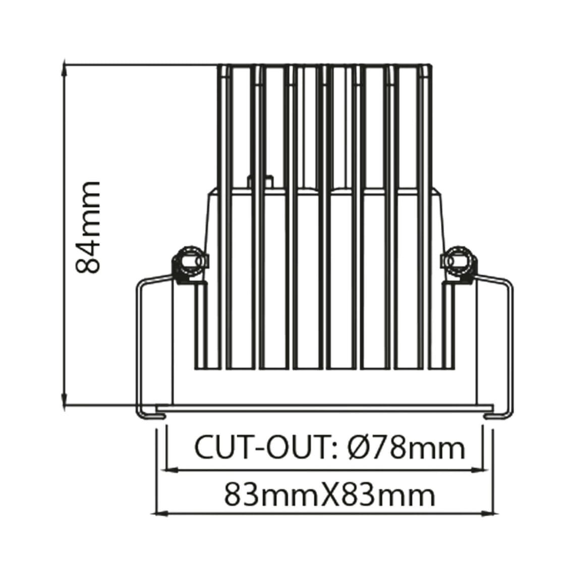 Technical drawing of the Dea Amor M, a square recessed luminaire, illustrating detailed dimensions and design specifications.