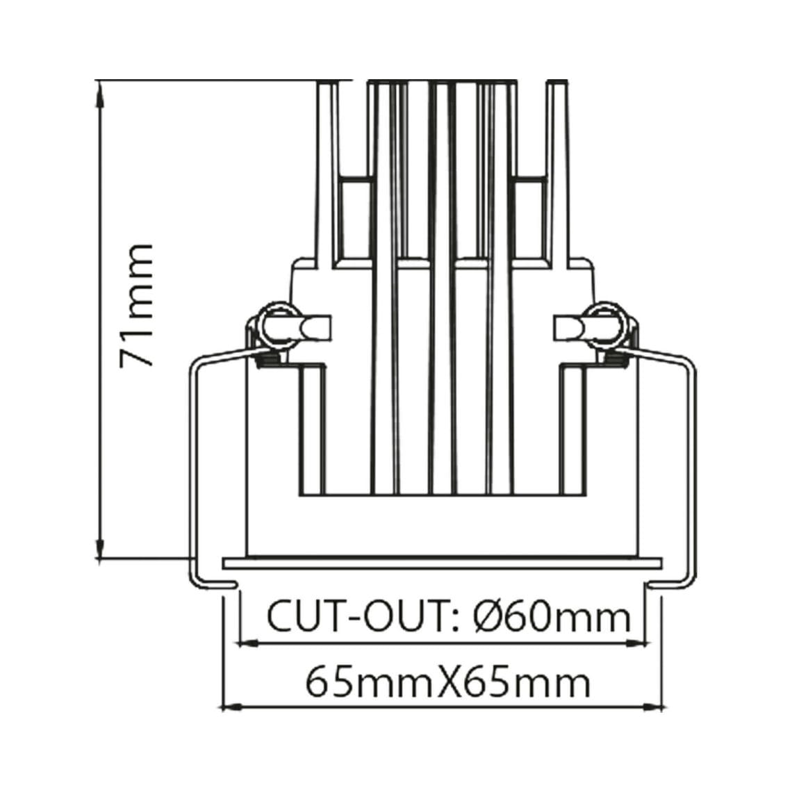 Technical drawing of the Dea Amor S, a square recessed luminaire, illustrating detailed dimensions and design specifications.