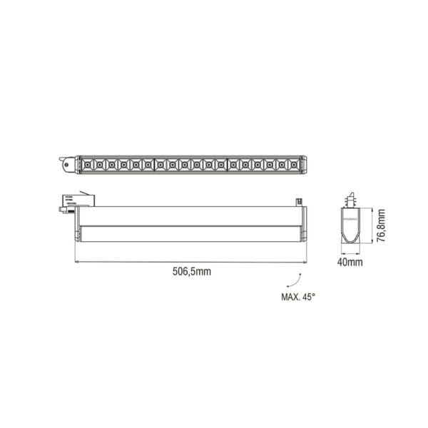Technical drawing of the Diciotto Track, a 220V track luminaire, illustrating detailed dimensions and design specifications.