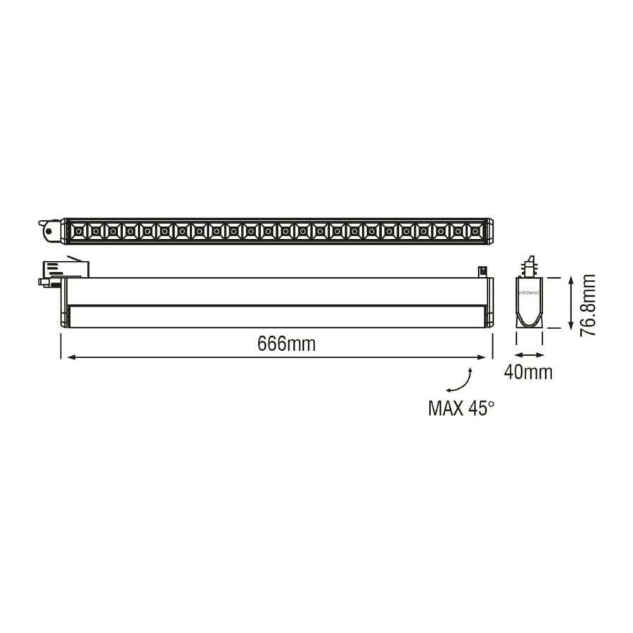 Technical drawing of the Ventiquattro Track, a 220V track luminaire, illustrating detailed dimensions and design specifications.