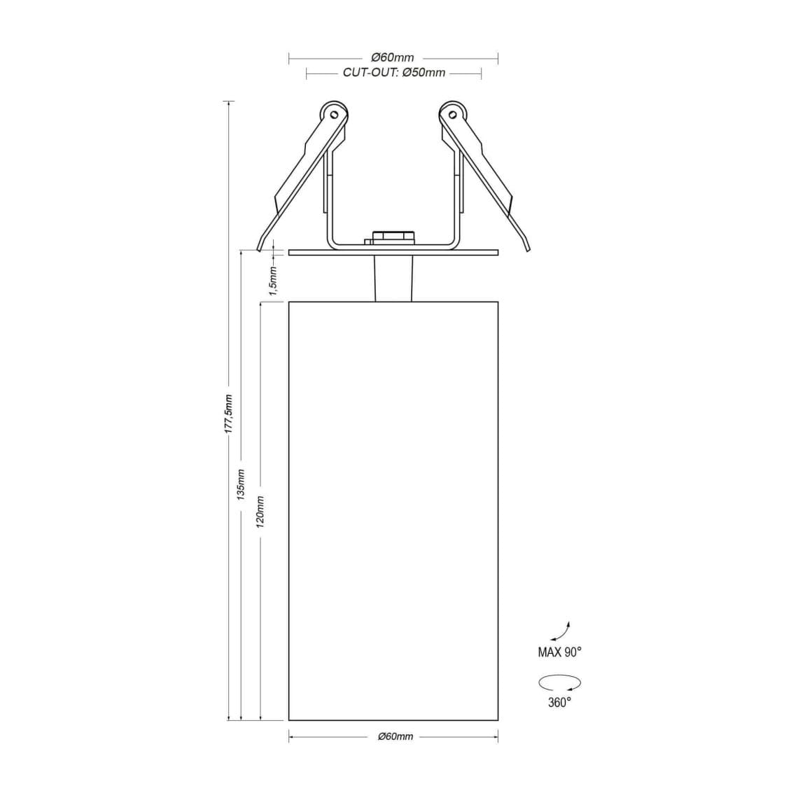 Technical drawing of the Dea Cura S, an adjustable recessed spot, illustrating detailed dimensions and design specifications.