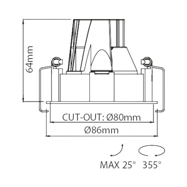 Technical drawing of the Dea Carmenta S, an adjustable luminaire, illustrating detailed dimensions and design specifications.