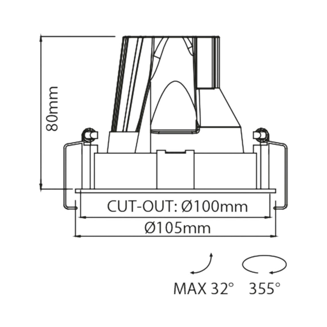 Technical drawing of the Dea Carmenta M, an adjustable luminaire, illustrating detailed dimensions and design specifications.