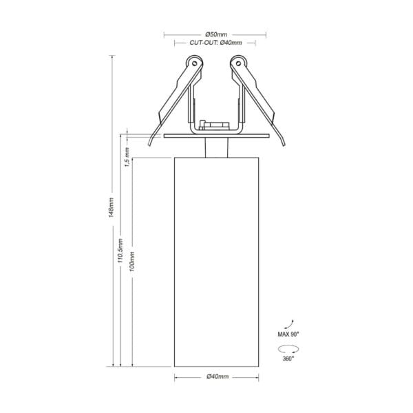 Technical drawing of the Dea Cura XS, an adjustable recessed spot, illustrating detailed dimensions and design specifications.