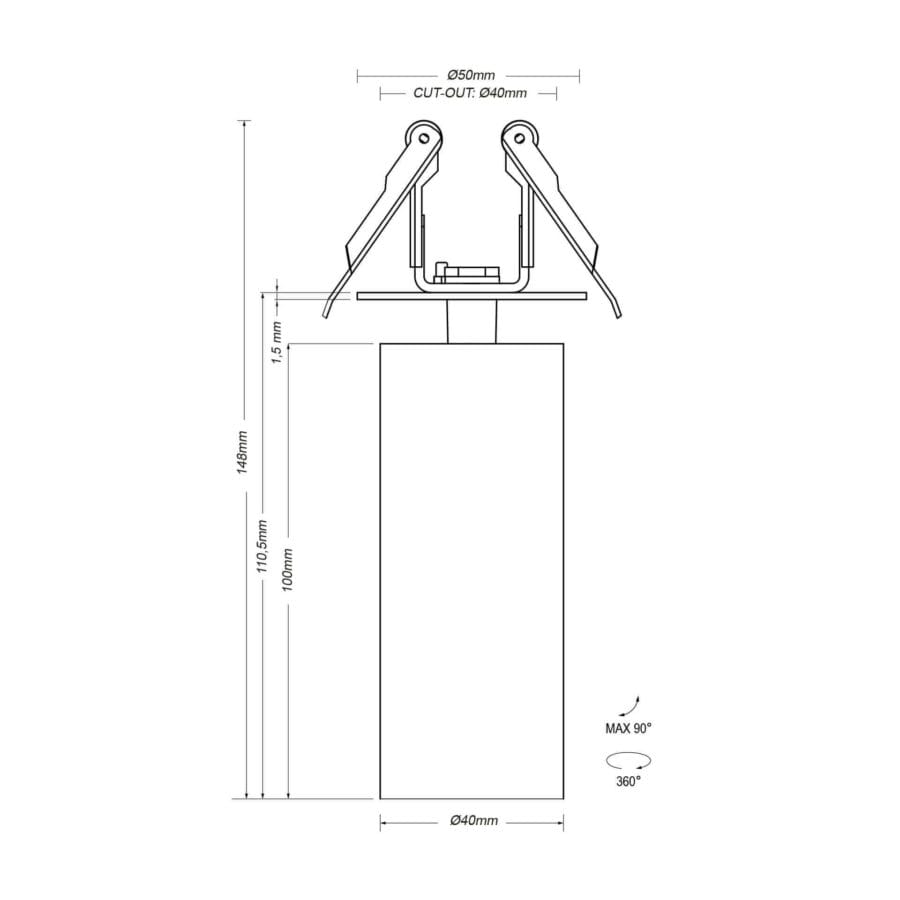 Technical drawing of the Dea Cura XS, an adjustable recessed spot, illustrating detailed dimensions and design specifications.