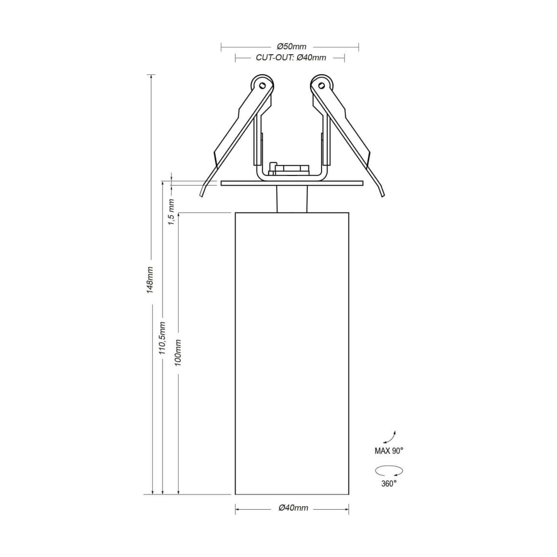 Technical drawing of the Dea Cura XS, an adjustable recessed spot, illustrating detailed dimensions and design specifications.