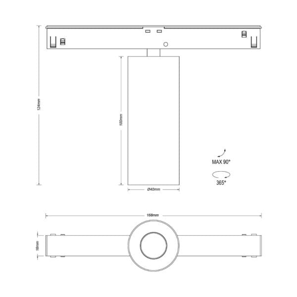 Technical drawing of the Dea Juno-Q1 XS, a 48V track spot, illustrating detailed dimensions and design specifications.