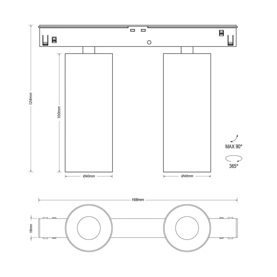 Technical drawing of the Dea Juno-Q1 duo XS, a 48V track spot, illustrating detailed dimensions and design specifications.