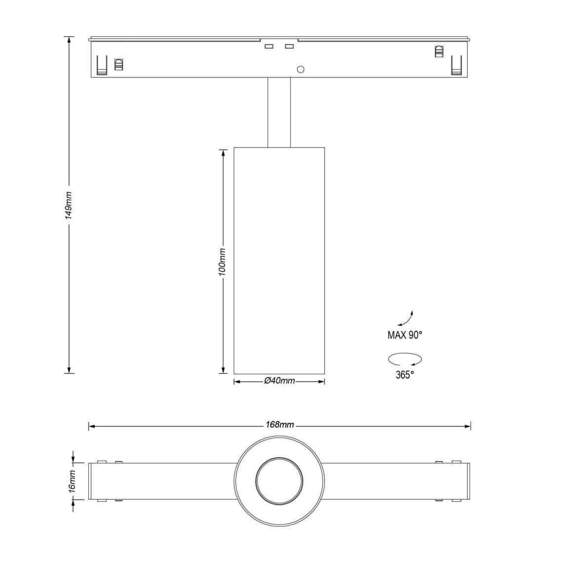 Technical drawing of the Dea Juno-Q2 XS, a 48V track spot, illustrating detailed dimensions and design specifications.