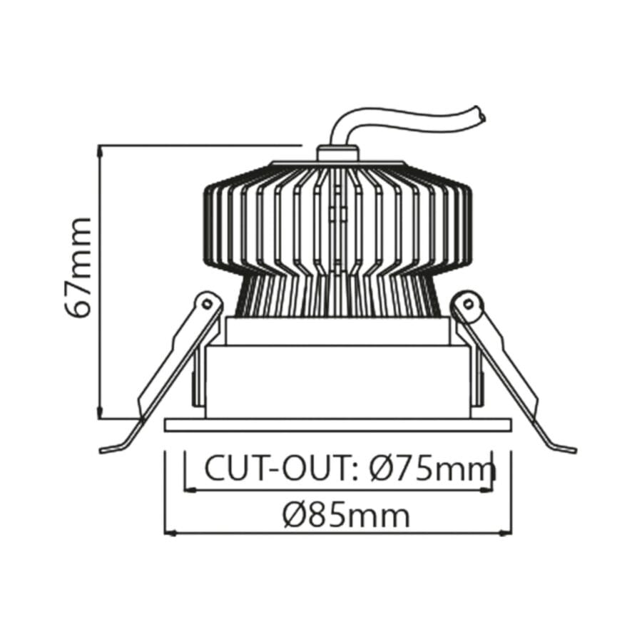 Technical drawing of the Piccolo, a fixed recessed luminaire, illustrating detailed dimensions and design specifications.
