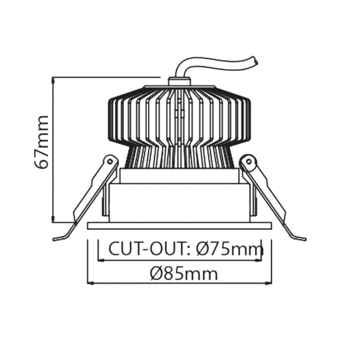 Piccolo-3 Technical drawing of the Piccolo, a fixed recessed luminaire, illustrating detailed dimensions and design specifications.