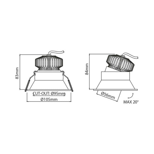 Technical drawing of the Populare, an adjustable led downlight, illustrating detailed dimensions and design specifications.