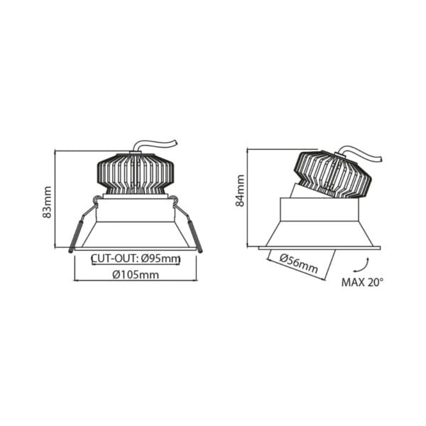 Technical drawing of the Populare Lente, an adjustable led downlight, illustrating detailed dimensions and design specifications.