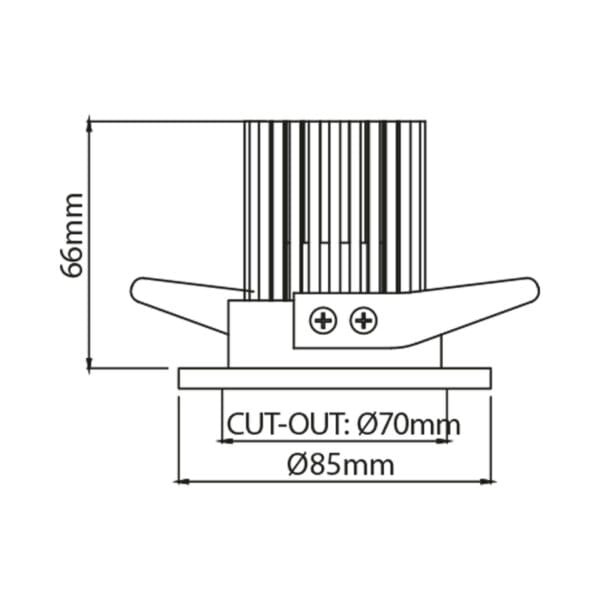 Technical drawing of the Splendore, a fixed recessed luminaire, illustrating detailed dimensions and design specifications.