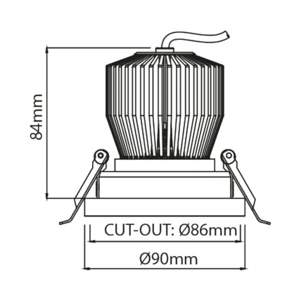 Technical drawing of the Bordo, a fixed recessed luminaire, illustrating detailed dimensions and design specifications.