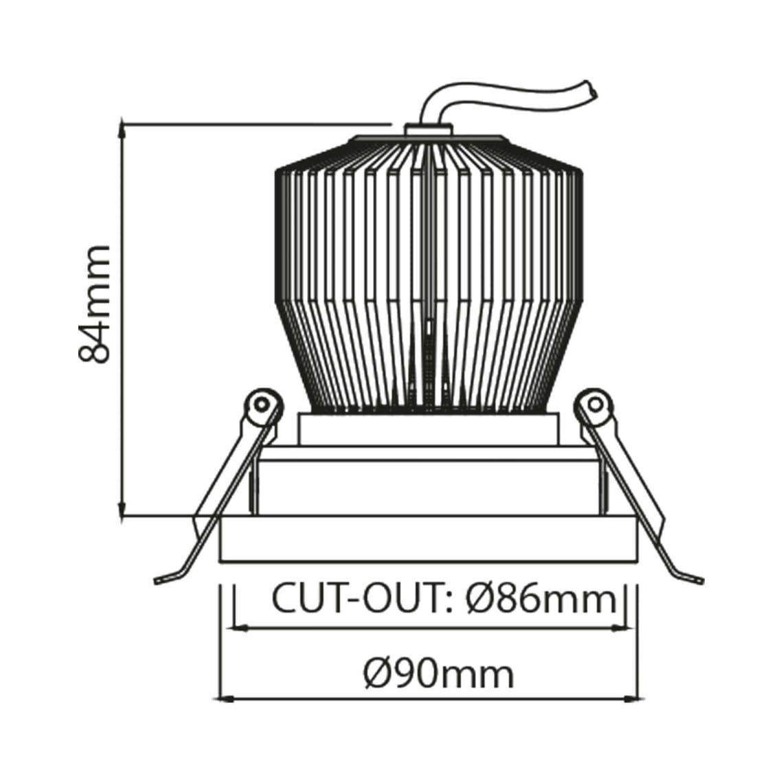 Bordo-3 Technical drawing of the Bordo, a fixed recessed luminaire, illustrating detailed dimensions and design specifications.