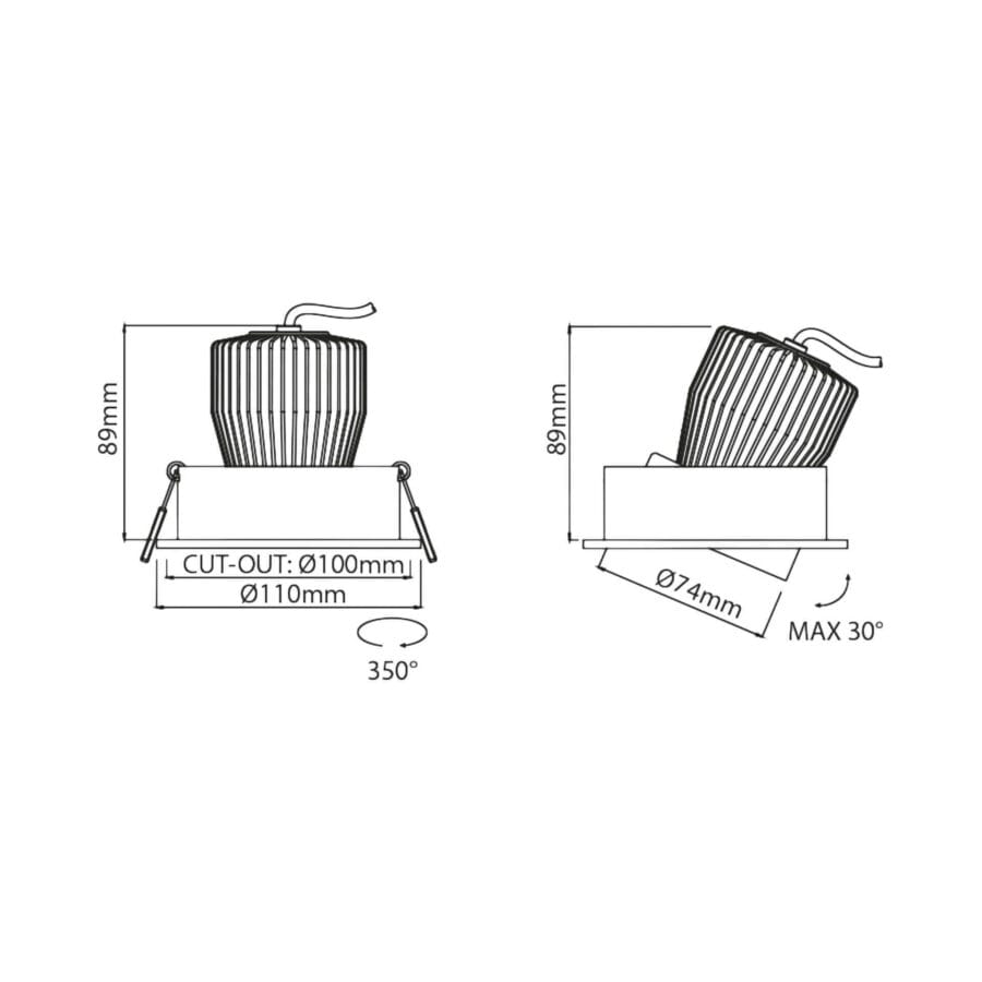 Technical drawing of the Corsa, an adjustable led downlight, illustrating detailed dimensions and design specifications.