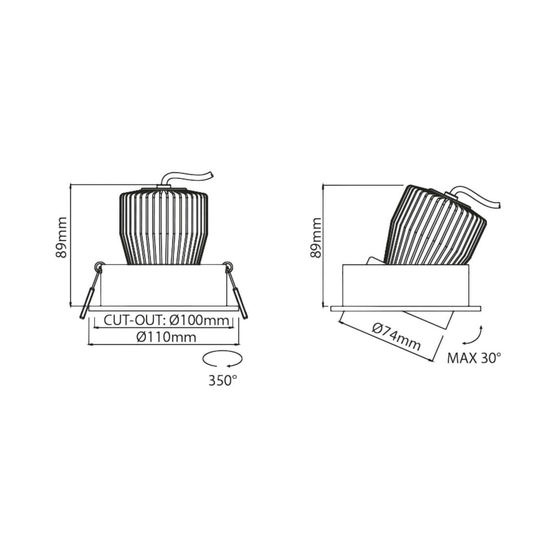 Technical drawing of the Corsa, an adjustable led downlight, illustrating detailed dimensions and design specifications.