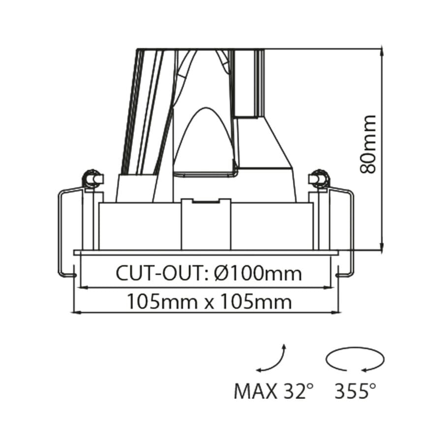 Technical drawing of the Dea Ceres S duo, an adjustable recessed luminaire, illustrating detailed dimensions and design specifications.