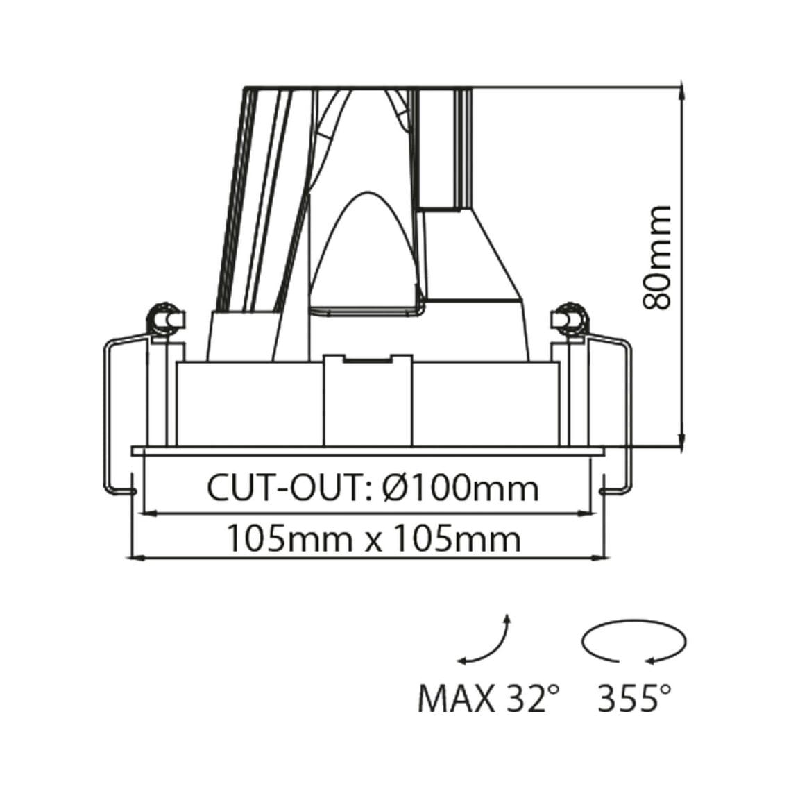 Dea Ceres M -15 Technical drawing of the Dea Ceres S duo, an adjustable recessed luminaire, illustrating detailed dimensions and design specifications.