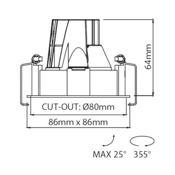 Technical drawing of the Dea Ceres S, an adjustable recessed luminaire, illustrating detailed dimensions and design specifications