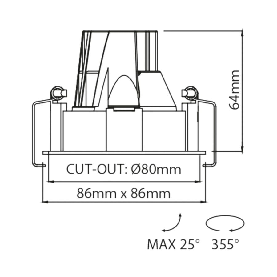 Technical drawing of the Dea Ceres S, an adjustable recessed luminaire, illustrating detailed dimensions and design specifications