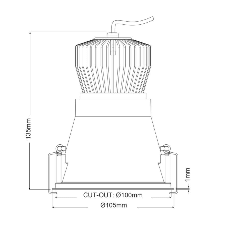 Technical drawing of the Profondo, a fixed recessed luminaire, illustrating detailed dimensions and design specifications.