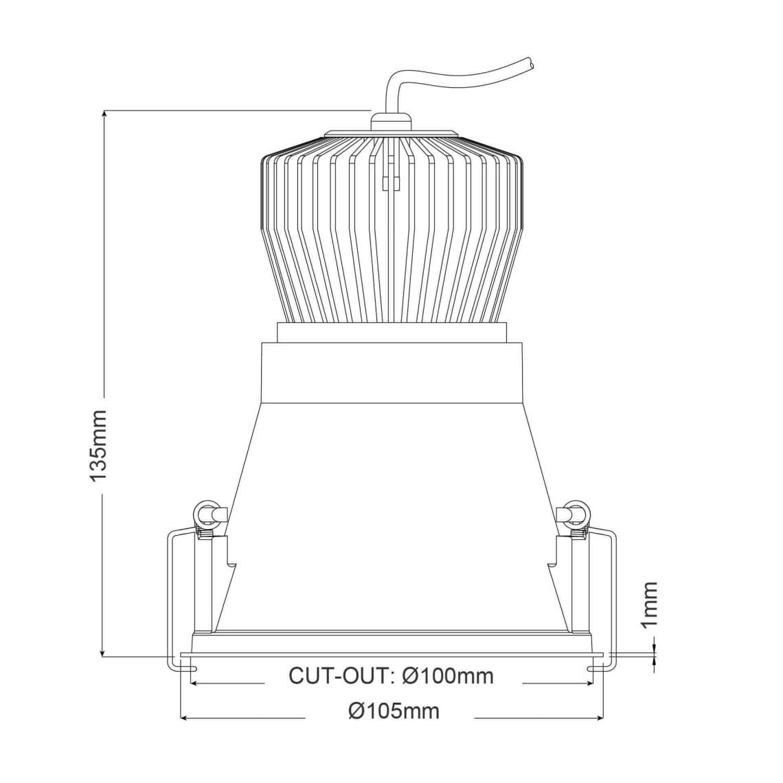 Technical drawing of the Profondo, a fixed recessed luminaire, illustrating detailed dimensions and design specifications.