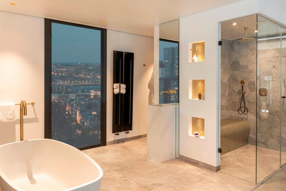 Modern bathroom with gold accents