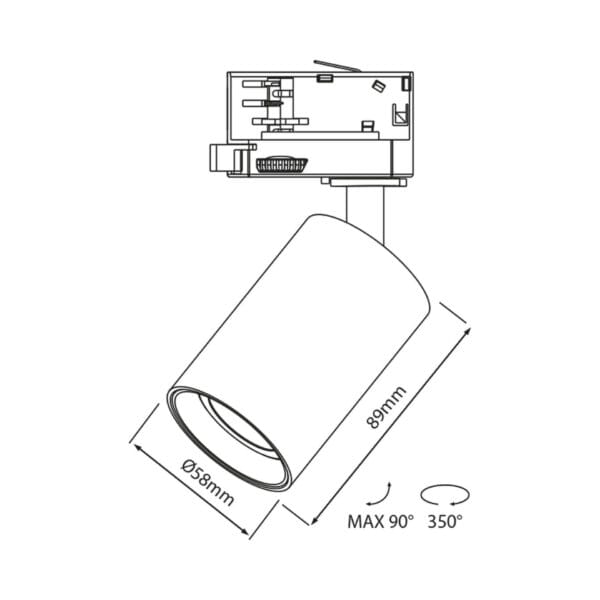 Technical drawing of the Vuoto, a 220V track fixture, illustrating detailed dimensions and design specifications.