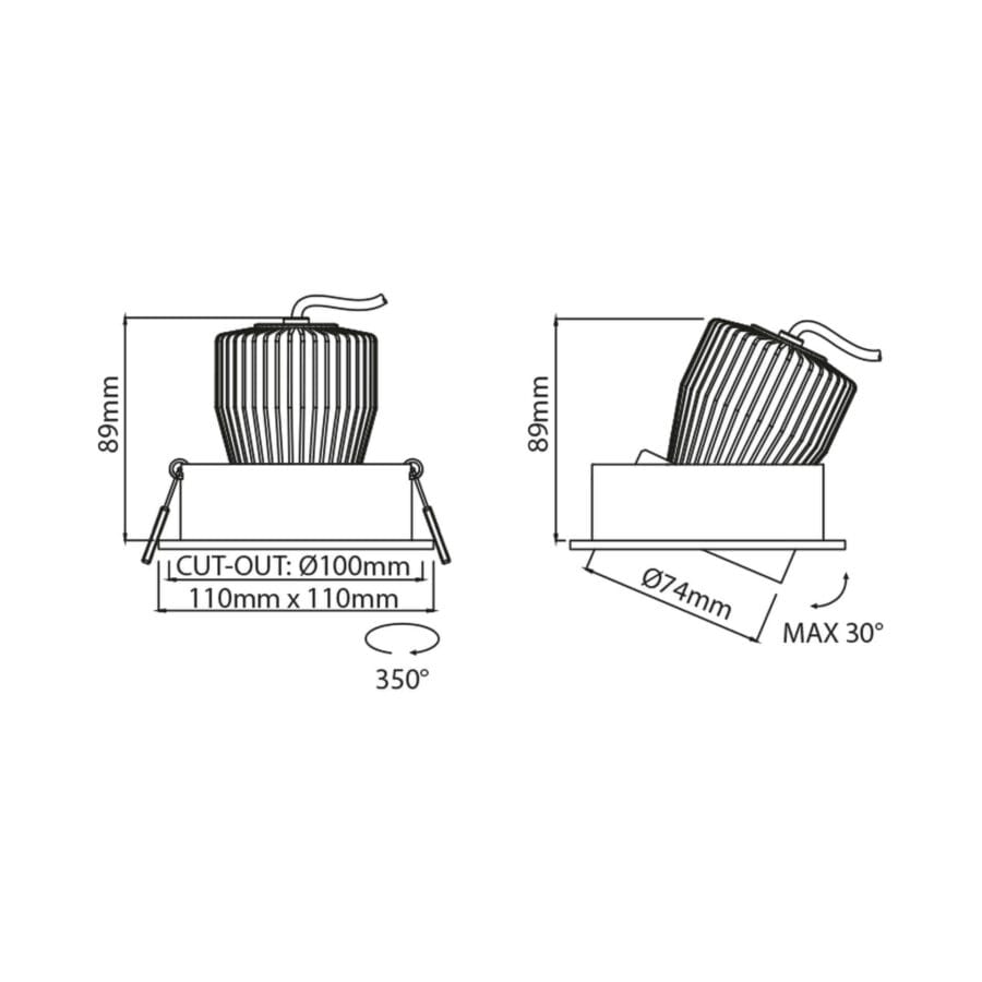 Technical drawing of the Piazza, an adjustable led downlight, illustrating detailed dimensions and design specifications.