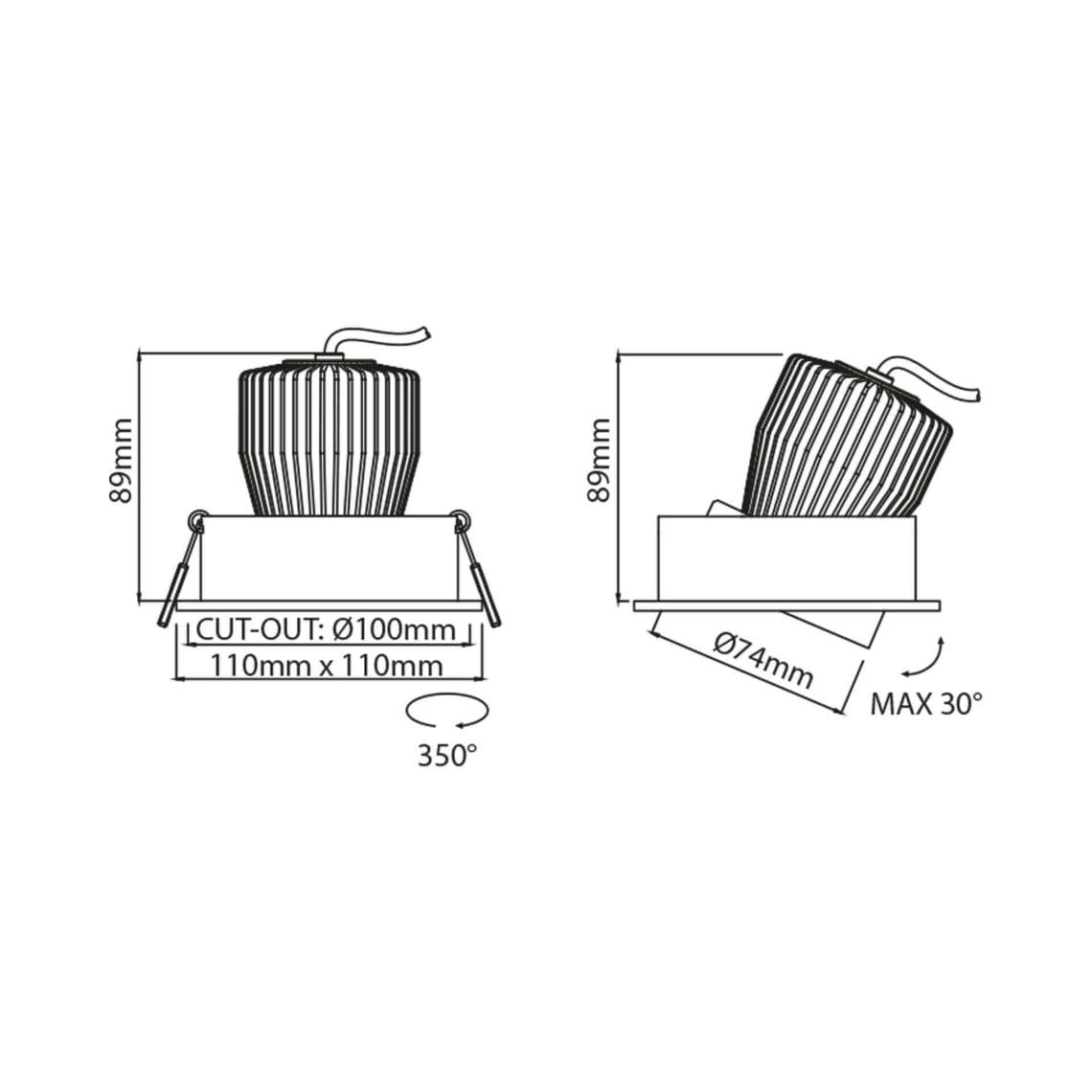 Technical drawing of the Piazza, an adjustable led downlight, illustrating detailed dimensions and design specifications.