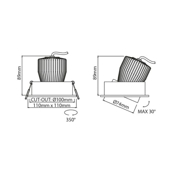 Technical drawing of the Piazza Lente, an adjustable led downlight, illustrating detailed dimensions and design specifications.