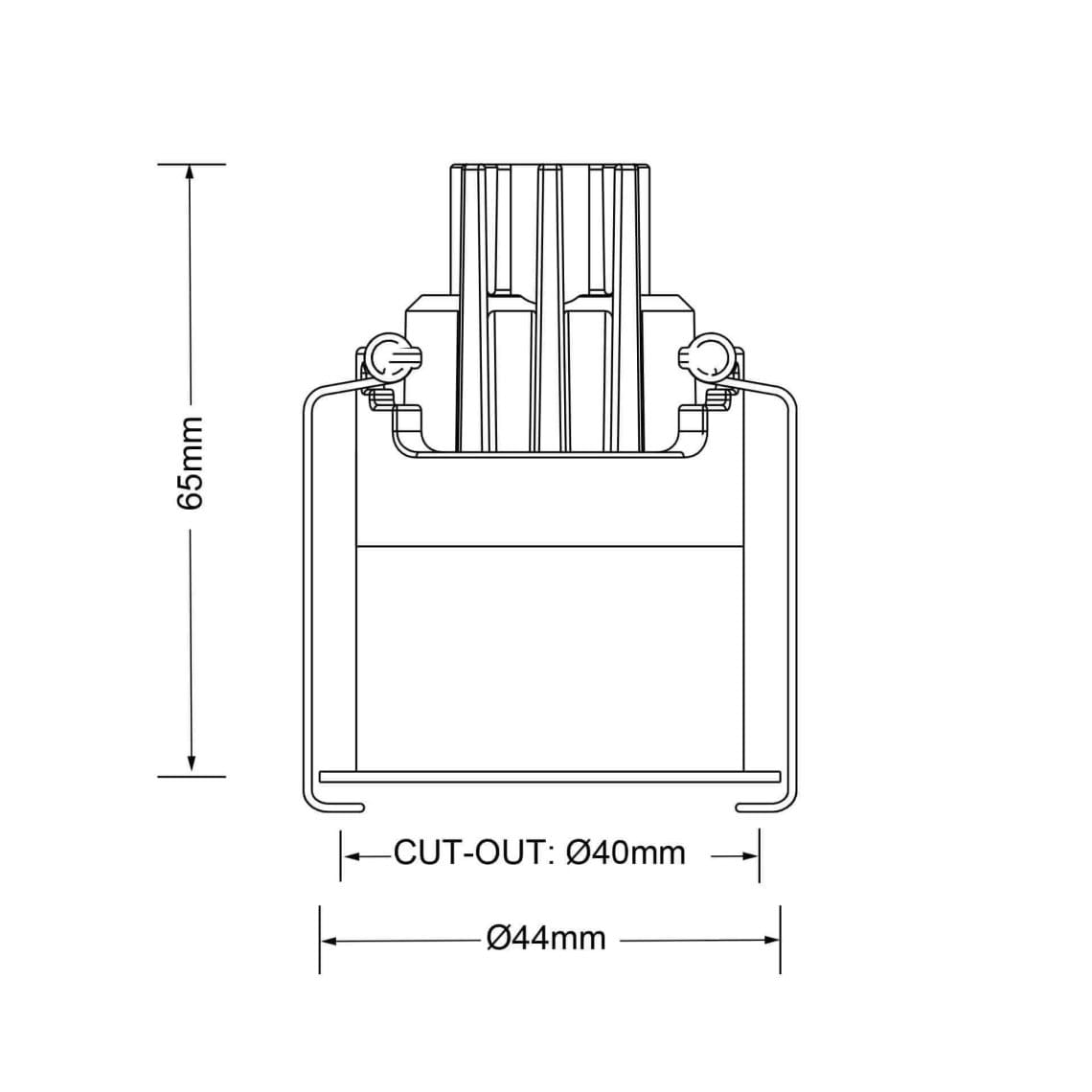 Technical drawing of the Dea Amata XS, a fixed recessed luminaire, illustrating detailed dimensions and design specifications.