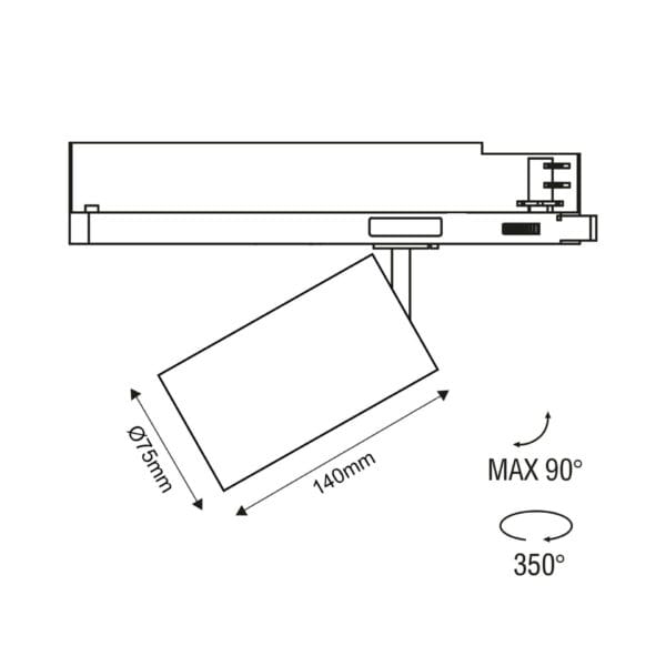 Technical drawing of the Dea Juno M, a track luminaire, illustrating detailed dimensions and design specifications.